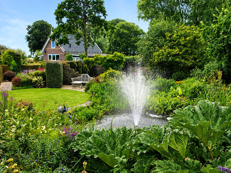 Vijvertuin met fontein en volle zomerbeplanting in augustus