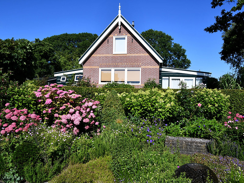 Huis van Versicolor omringd door roze hortensia’s en zomerborders