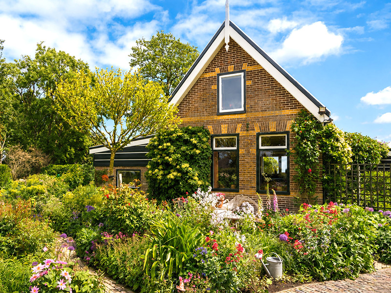 Kleurrijke bloementuin rond het huis van Versicolor in juni