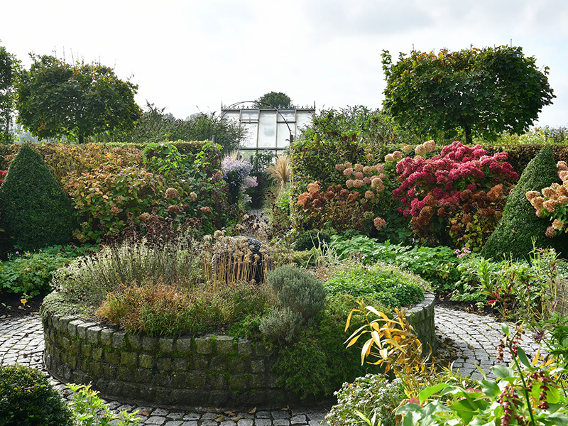 Herfsttuin met siergrassen hortensia’s en ronde vijver